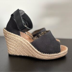 Toms Women’s Black Canvas Espadrille Wedge Sandals with Ankle Strap Shoe